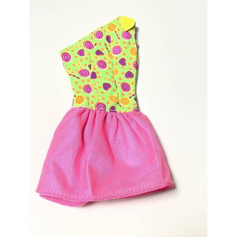 Barbie Vintage Tagged Dress Pink Skirt Bright Green Top w/Candy Print on Bodice